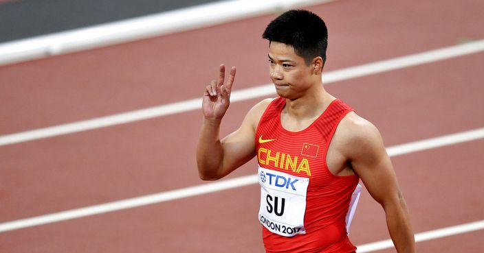 China's Bingtian Su gestures after winning his heat of the Men's 100 meters during the World Athletics Championships in London Friday, Aug. 4, 2017. (AP Photo/Martin Meissner)