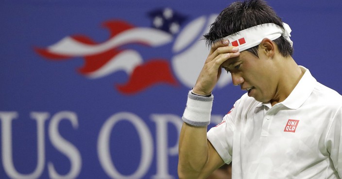 FILE - In this Sept. 9, 2016, file photo, Kei Nishikori, of Japan, adjusts his head band between serves to Stan Wawrinka, of Switzerland, during the semifinals of the U.S. Open tennis tournament, in New York. Nishikori is the latest top player to pull out of the U.S. Open because of an injury. The agent for the 2014 runner-up and 2016 semifinalist at Flushing Meadows says Nishikori is going to miss the rest of this season because of a torn tendon in his right wrist. (AP Photo/Darron Cummings, File)