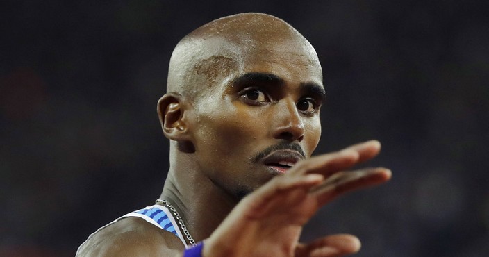 Britain's Mo Farah reacts after finishing second in the 5000 m final during the World Athletics Championships in London Saturday, Aug. 12, 2017. (AP Photo/Tim Ireland)