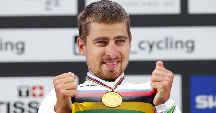 Peter Sagan of Slovakia displays his gold medal after winning the Men's Elite Road Race at the UCI 2017 Road World Championship, in Bergen, Norway, Sunday Sept. 24, 2017. (Cornelius Poppe/NTB Scanpix via AP)