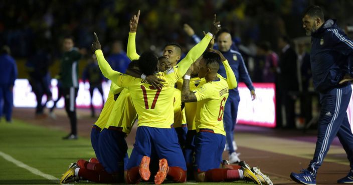 Players of Ecuador celebrate after Ecuador's Romario Ibarra scored against during their 2018 World Cup qualifying soccer match at the Atahualpa Olympic Stadium in Quito, Ecuador, Tuesday, Oct. 10, 2017. (AP Photo/Fernando Vergara)