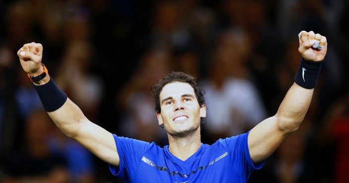 Rafael Nadal of Spain celebrates after defeating Hyeon Chung of South Korea during the Paris Masters tennis tournament at the Bercy Arena in Paris, France, Wednesday, Nov. 1, 2017. (AP Photo/Francois Mori)