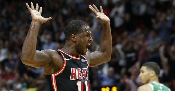 Miami Heat's Dion Waiters (11) reacts after scoring during the second half of an NBA basketball game against the Boston Celtics, Wednesday, Nov. 22, 2017, in Miami. The Heat won 104-98. (AP Photo/Lynne Sladky)