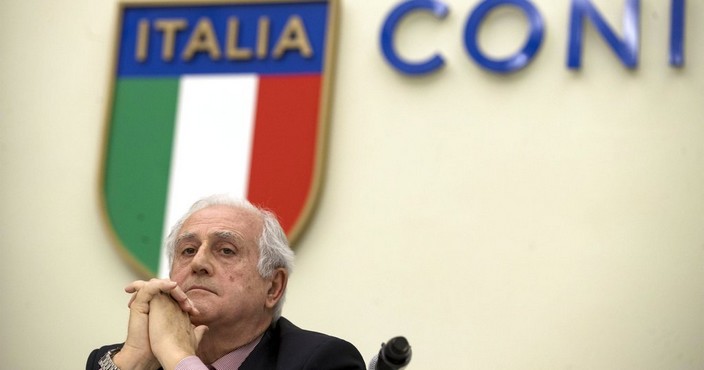 Roberto Fabbricini, newly named special commisioner of the Italian Soccer Federation (FIGC) attends a press conference at CONI headquarters in Rome Thursday, Feb. 1, 2018. Fabbricini was appointed emergency leader of the Italian soccer federation on Thursday after a 10-hour election earlier this week failed to find a replacement for Carlo Tavecchio.(Massimo Percossi/ANSA via AP)
