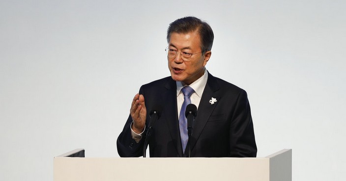 South Korean President Moon Jae-in speaks during the opening ceremony of the 132nd IOC session ahead of the 2018 Winter Olympics in Gangneung, South Korea, Monday, Feb. 5, 2018. (AP Photo/Jae C. Hong)