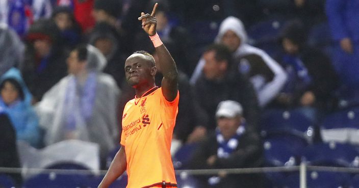 Liverpool's Sadio Mane celebrates after scoring his side's fifth goal during the Champions League round of sixteen first leg soccer match between FC Porto and Liverpool FC at the Dragao stadium in Porto, Portugal, Wednesday, Feb. 14, 2018. (AP Photo/Luis Vieira)