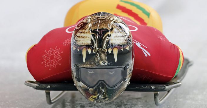 Akwasi Frimpong of Ghana starts his practice run during the men's skeleton training at the 2018 Winter Olympics in Pyeongchang, South Korea, Wednesday, Feb. 14, 2018. (AP Photo/Wong Maye-E)