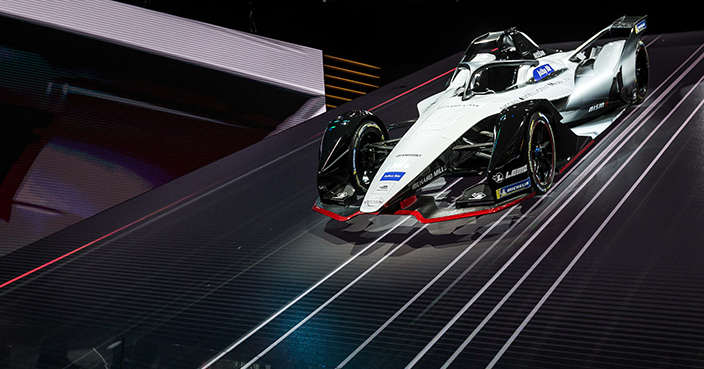 The New Nissan Formula E is presented during the press day at the 88th Geneva International Motor Show in Geneva, Switzerland, Tuesday, March 6, 2018. (Cyril Zingaro/Keystone via AP)