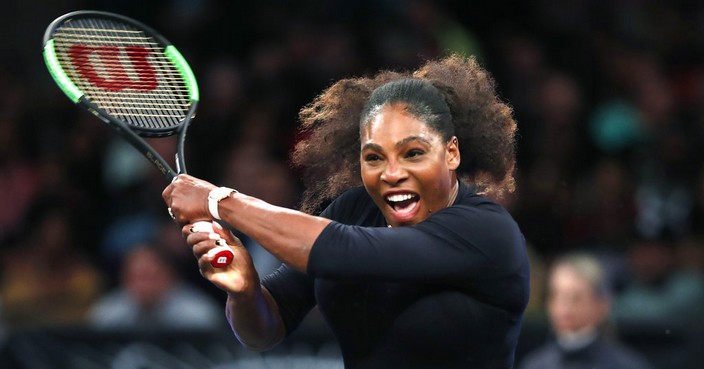 Serena Williams of the United States returns to Zhang Shuai of China during the semi-final round of the Tie Break Tens tournament at Madison Square Garden, Monday, March 5, 2018 in New York. Williams lost to Zhang and was eliminated. The Tie Break Tens' New York event is a one-day day exhibition tournament featuring eight female players competing for a $250,000 winner's prize. (AP Photo/Kathy Willens)