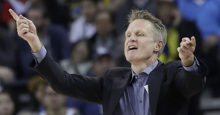 Golden State Warriors head coach Steve Kerr gestures during the first half of an NBA basketball game between the Warriors and the Utah Jazz in Oakland, Calif., Sunday, March 25, 2018. (AP Photo/Jeff Chiu)