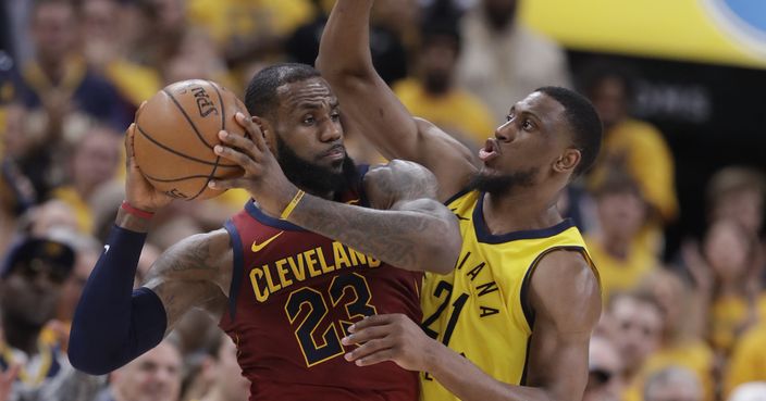Cleveland Cavaliers' LeBron James (23) is defended by Indiana Pacers' Thaddeus Young during the second half of Game 3 of a first-round NBA basketball playoff series Friday, April 20, 2018, in Indianapolis. Indiana won 92-90. (AP Photo/Darron Cummings)