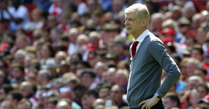 Arsenal manager Arsene Wenger during the English Premier League soccer match against West Ham United at the Emirates Stadium, London, Sunday April 22, 2018. (Mark Kerton/PA via AP)