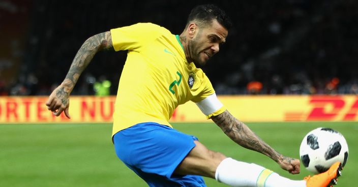 BERLIN, GERMANY - MARCH 27: Dani Alves of Brazil is challenged by Dani Alves of Brazil during the International friendly between Germany and Brazil at Olympiastadion on March 27, 2018 in Berlin, Germany.  (Photo by Alex Grimm/Bongarts/Getty Images)