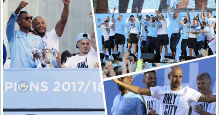 Manchester City players celebrate with the Premier League during the Premier League champions trophy parade, Manchester. PRESS ASSOCIATION Photo. Picture date: Monday May 14, 2018. See PA story SOCCER Man City Photo credit should read: Richard Sellers/PA Wire.