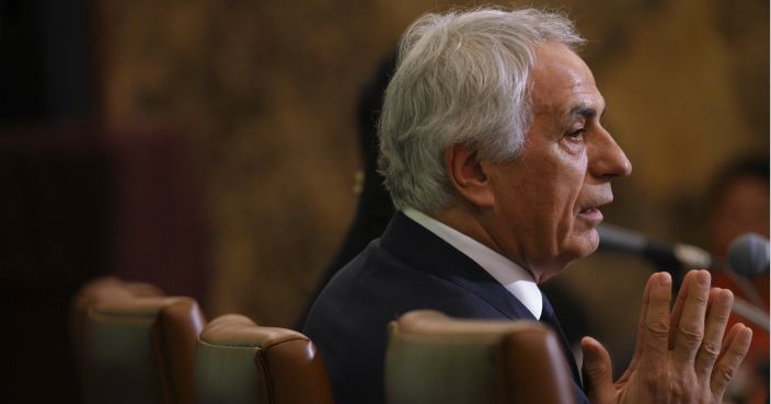 Former Japanese men's national soccer coach Vahid Halilhodzic speaks during a press conference in Tokyo Friday, April 27, 2018. Japan fired Halilhodzic two months before soccer World Cup in Russia and replaced him immediately with Japanese Akira Nishino. (AP Photo/Eugene Hoshiko)