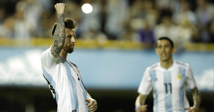 Argentina's Lionel Messi celebrates after scoring against Haiti during a friendly soccer match in Buenos Aires, Argentina, Tuesday, May 29, 2018. (AP Photo/Victor R. Caivano)