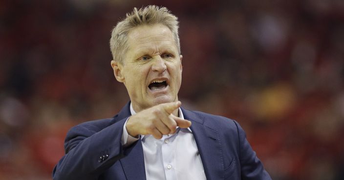 Golden State Warriors head coach Steve Kerr signals during the first half in Game 2 of the NBA basketball Western Conference Finals against the Houston Rockets, Wednesday, May 16, 2018, in Houston. (AP Photo/David J. Phillip)