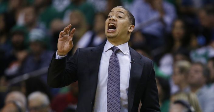 Cleveland Cavaliers coach Tyronn Lue shouts to his team during the first quarter of Game 5 of the NBA basketball Eastern Conference finals against the Boston Celtics, Wednesday, May 23, 2018, in Boston. (AP Photo/Charles Krupa)