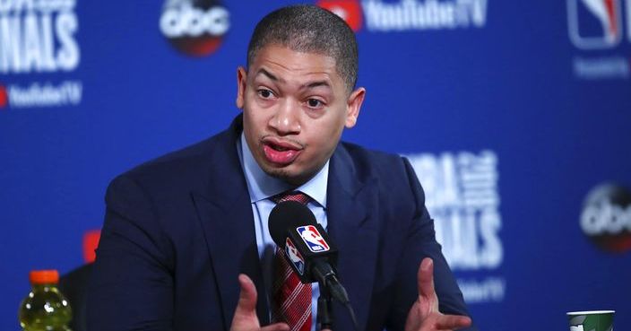 Cleveland Cavaliers head coach Tyronn Lue speaks at a news conference after Game 1 of basketball's NBA Finals between the Golden State Warriors and the Cavaliers in Oakland, Calif., Thursday, May 31, 2018. The Warriors won 124-114 in overtime. (AP Photo/Ben Margot)
