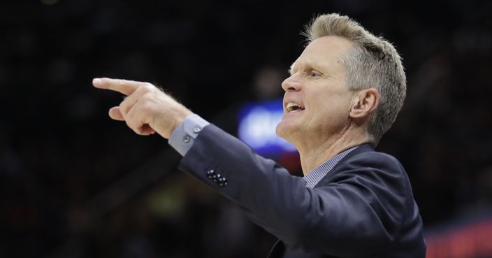 Golden State Warriors coach Steve Kerr calls a play during the second half of Game 3 of the basketball team's NBA Finals against the Cleveland Cavaliers, Wednesday, June 6, 2018, in Cleveland. (AP Photo/Tony Dejak)