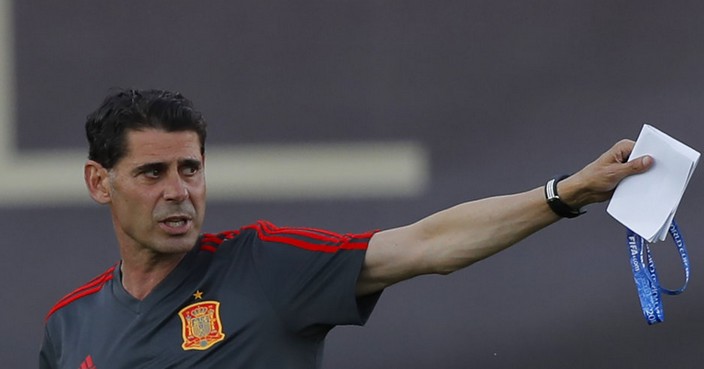 Spain's new coach Fernando Hierro gestures during a training session of Spain at the 2018 soccer World Cup in Krasnodar, Russia, Wednesday, June 13, 2018. (AP Photo/Manu Fernandez)