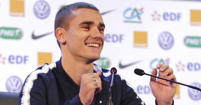 France's Antoine Griezmann smiles as he answers to journalists during a press conference at the 2018 soccer World Cup in Istra, Russia, Tuesday, June 12, 2018. (AP Photo/David Vincent)