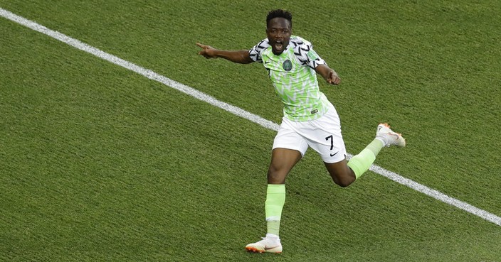 Nigeria's Ahmed Musa celebrates after scoring his side's opening goal during the group D match between Nigeria and Iceland at the 2018 soccer World Cup in the Volgograd Arena in Volgograd, Russia, Friday, June 22, 2018. (AP Photo/Themba Hadebe)