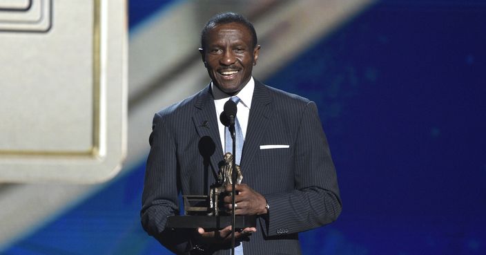 Dwane Casey, current head coach of the Detroit Pistons, accepts the coach of the year award for his work with the Toronto Raptors at the NBA Awards on Monday, June 25, 2018, at the Barker Hangar in Santa Monica, Calif. (Photo by Chris Pizzello/Invision/AP)