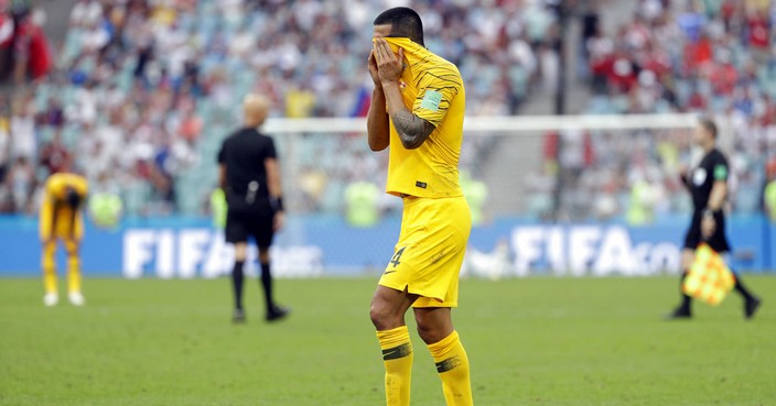 Australia's Tim Cahill reacts in dejection at the end of the group C match between Australia and Peru, at the 2018 soccer World Cup in the Fisht Stadium in Sochi, Russia, Tuesday, June 26, 2018. Peru won 2-0. (AP Photo/Gregorio Borgia)