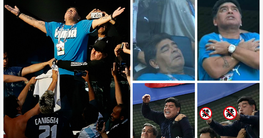 SAINT PETERSBURG, RUSSIA - JUNE 26:  Diego Armando Maradona reacts following the 2018 FIFA World Cup Russia group D match between Nigeria and Argentina at Saint Petersburg Stadium on June 26, 2018 in Saint Petersburg, Russia.  (Photo by Alex Morton/Getty Images)