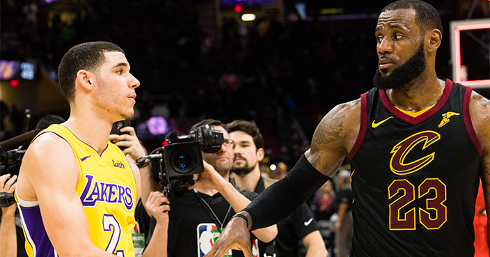 CLEVELAND, OH - DECEMBER 14: Lonzo Ball #2 of the Los Angeles Lakers shakes hands with LeBron James #23 of the Cleveland Cavaliers after the game at Quicken Loans Arena on December 14, 2017 in Cleveland, Ohio. The Cavaliers defeated the Lakers 121-112. NOTE TO USER: User expressly acknowledges and agrees that, by downloading and or using this photograph, User is consenting to the terms and conditions of the Getty Images License Agreement. (Photo by Jason Miller/Getty Images)