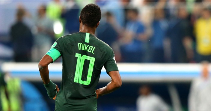 SAINT PETERSBURG, RUSSIA - JUNE 26:  Odion Ighalo of Nigeria lies on the floor dejected as John Obi Mikel walks off during the 2018 FIFA World Cup Russia group D match between Nigeria and Argentina at Saint Petersburg Stadium on June 26, 2018 in Saint Petersburg, Russia.  (Photo by Alex Livesey/Getty Images)