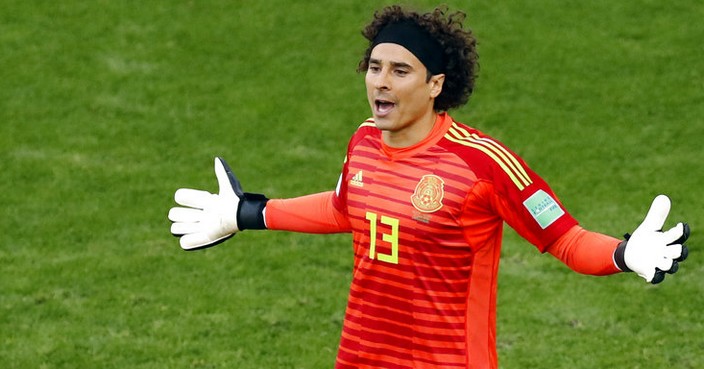 Mexico goalkeeper Guillermo Ochoa reacts during the group F match between Mexico and Sweden, at the 2018 soccer World Cup in the Yekaterinburg Arena in Yekaterinburg , Russia, Wednesday, June 27, 2018. (AP Photo/Efrem Lukatsky)