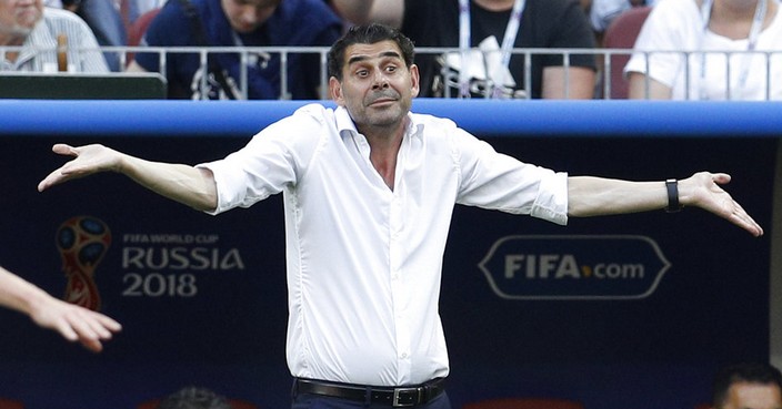 Spain head coach Fernando Hierro reacts during the round of 16 match between Spain and Russia at the 2018 soccer World Cup at the Luzhniki Stadium in Moscow, Russia, Sunday, July 1, 2018. (AP Photo/Victor R. Caivano)