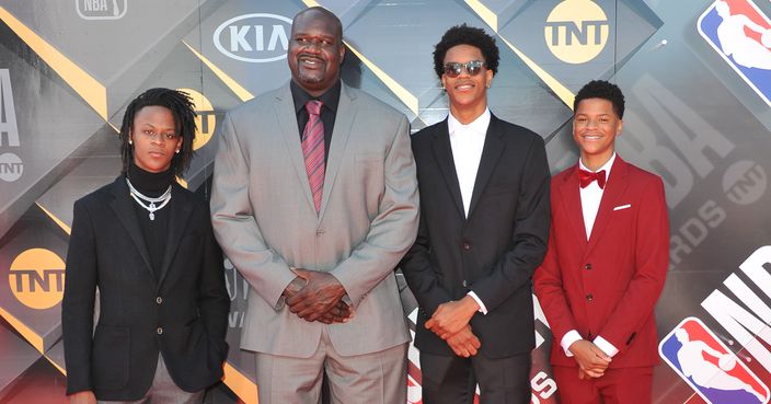 SANTA MONICA, CA - JUNE 25:  (L-R) Myles O'Neal, Shaquille O'Neal, Shareef O'Neal and Shaqir O'Neal attend the 2018 NBA Awards Show at Barker Hangar on June 25, 2018 in Santa Monica, California.  (Photo by Allen Berezovsky/Getty Images)