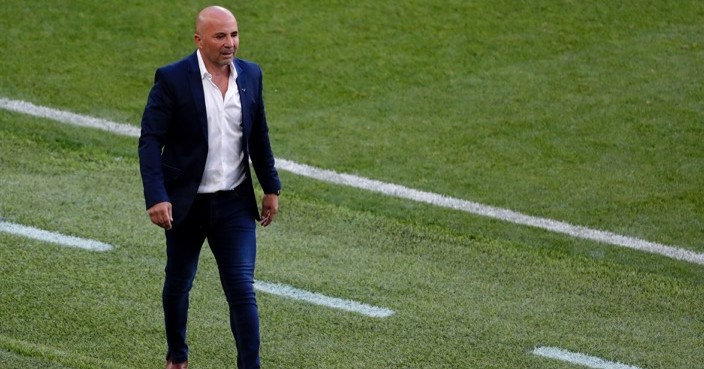 Argentina coach Jorge Sampaoli reacts during the group D match between Argentina and Iceland at the 2018 soccer World Cup in the Spartak Stadium in Moscow, Russia, Saturday, June 16, 2018. (AP Photo/Rebecca Blackwell)