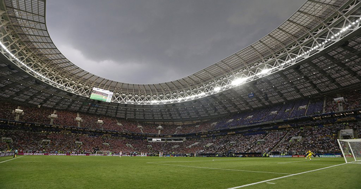 Clouds hang over the pitch during the final match between France and Croatia at the 2018 soccer World Cup in the Luzhniki Stadium in Moscow, Russia, Sunday, July 15, 2018. (AP Photo/Petr David Josek)