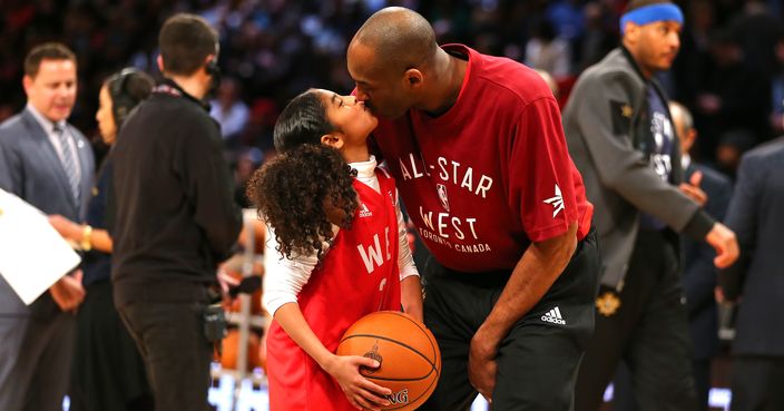 TORONTO, ON - FEBRUARY 14:  Kobe Bryant #24 of the Los Angeles Lakers and the Western Conference kisses daughter Gianna Bryant during the NBA All-Star Game 2016 at the Air Canada Centre on February 14, 2016 in Toronto, Ontario. NOTE TO USER: User expressly acknowledges and agrees that, by downloading and/or using this Photograph, user is consenting to the terms and conditions of the Getty Images License Agreement.  (Photo by Elsa/Getty Images)