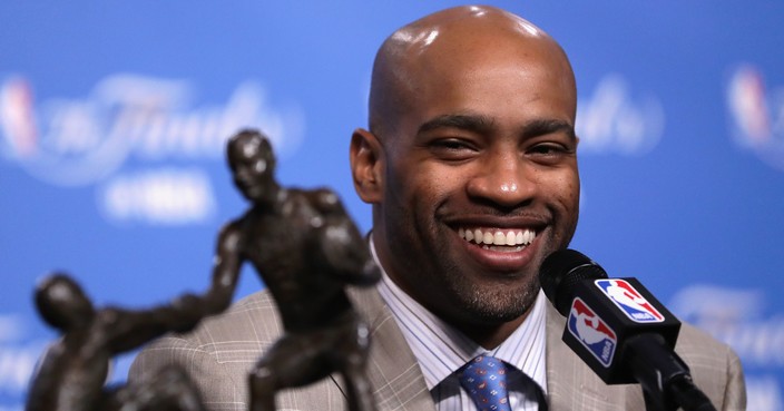 CLEVELAND, OH - JUNE 08:  Vince Carter #15 of the Memphis Grizzlies speaks with the media during a press conference after being awarded the 2015-16 Twyman-Stokes Teammate of the Year Award prior to Game 3 of the 2016 NBA Finals between the Cleveland Cavaliers and the Golden State Warriors at Quicken Loans Arena on June 8, 2016 in Cleveland, Ohio. NOTE TO USER: User expressly acknowledges and agrees that, by downloading and or using this photograph, User is consenting to the terms and conditions of the Getty Images License Agreement.  (Photo by Ronald Martinez/Getty Images)