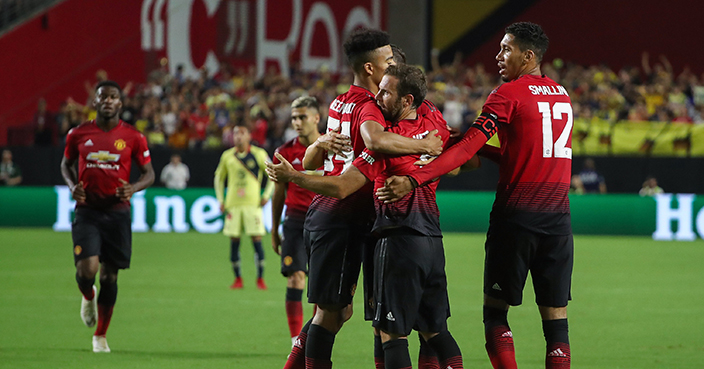 GLENDALE, AZ - JULY 19:  Juan Mata #8 of Manchester United celebrates his goal with teammates during the second half of the International Champions Cup game against the Club America at the University of Phoenix Stadium on July 19, 2018 in Glendale, Arizona.  (Photo by Christian Petersen/Getty Images for International Champions Cup)