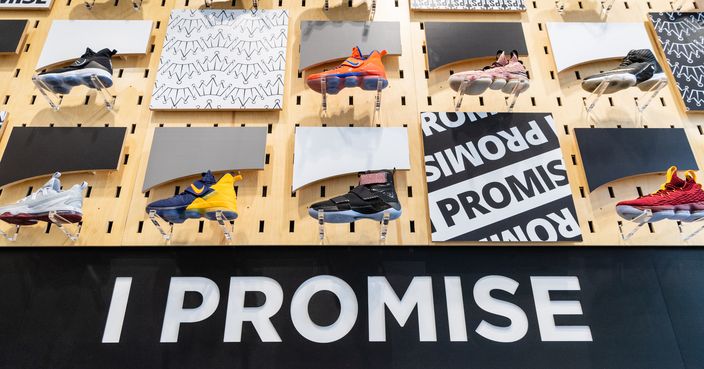 AKRON, OH - JULY 30: A collection of LeBron James shoes decorate the entrance to the I Promise School on July 30, 2018 in Akron, Ohio. The School is a partnership between the LeBron James Family foundation and the Akron Public School and is designed to serve Akron's most challenged students. (Photo by Jason Miller/Getty Images)