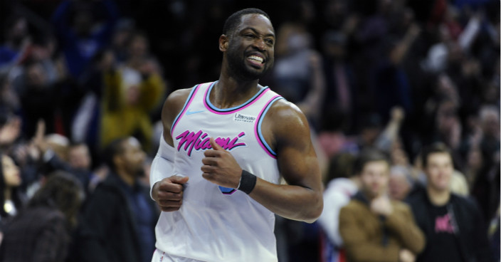 Miami Heat's Dwyane Wade (3) is seen during an NBA basketball game against the Philadelphia 76ers, Wednesday, Feb. 14, 2018, in Philadelphia. The 76ers won 104-102. (AP Photo/Michael Perez)