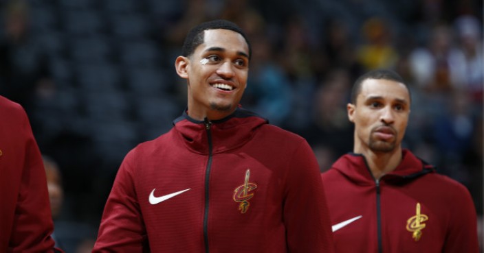 Cleveland Cavaliers guard Jordan Clarkson (8) in the first half of an NBA basketball game Wednesday, March 7, 2018, in Denver. (AP Photo/David Zalubowski)