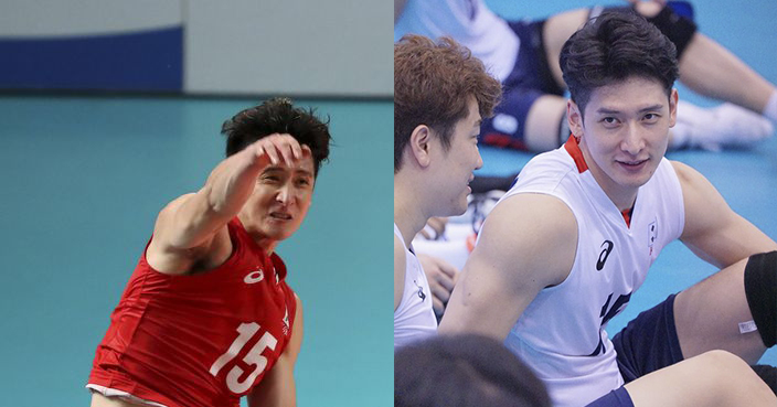 South Korea's Moon Sung-min hits the ball at Taiwan's Liu hangman, right, during their men's volleyball semifinal match at the 18th Asian Games in Jakarta, Indonesia, Thursday, Aug. 30, 2018. (AP Photo/Firdia Lisnawati)