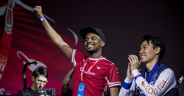 LAS VEGAS, NV - AUGUST 05:  Benjamin 'Problem-X' Simon celebrates after winning the Street Fighter V: Arcade Grand Championship during EVO 2018 at the Mandalay Bay Events Center on August 5, 2018 in Las Vegas, Nevada.  (Photo by Joe Buglewicz/Getty Images)