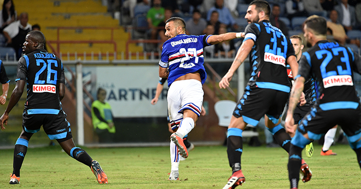 GENOA, ITALY - SEPTEMBER 02:  Fabio Quagliarella of Sampdoria score goal 3-0 during the serie A match between UC Sampdoria and SSC Napoli at Stadio Luigi Ferraris on September 2, 2018 in Genoa, Italy.  (Photo by Paolo Rattini/Getty Images)