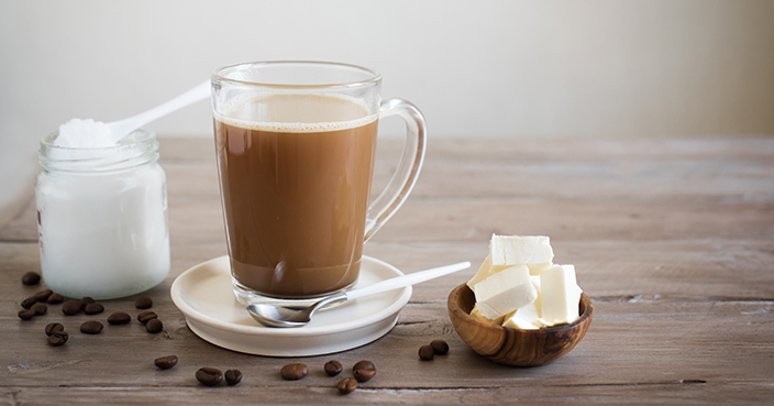 Bulletproof coffee, blended with organic butter and MCT coconut oil, paleo, keto, ketogenic drink breakfast.