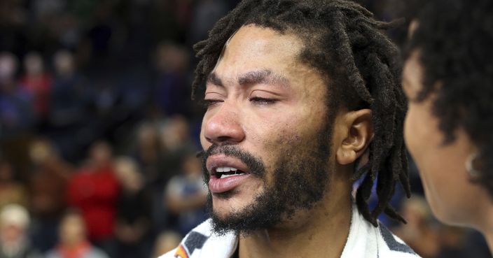 Minnesota Timberwolves' Derrick Rose is interviewed after he scored 50 points, a career high, against the Utah Jazz in an NBA basketball game Wednesday, Oct. 31, 2018, in Minneapolis. The Timberwolves won 128-125. (AP Photo/Jim Mone)