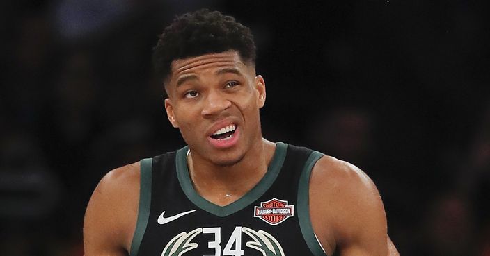 Milwaukee Bucks forward Giannis Antetokounmpo (34) reacts during the second quarter of an NBA basketball game against the New York Knicks, Saturday, Dec. 1, 2018, in New York. (AP Photo/Julie Jacobson)