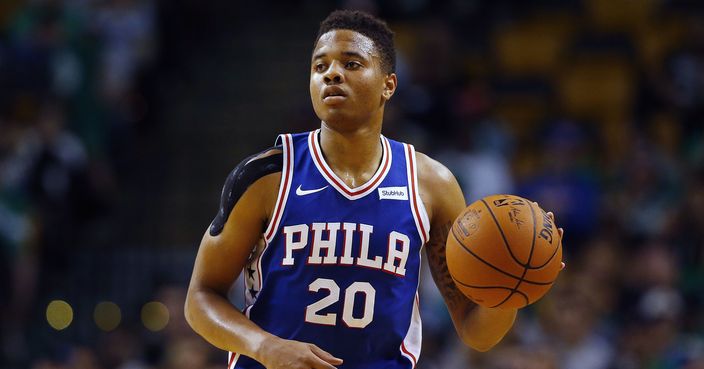 FILE - In this Oct. 9, 2017, photo, Philadelphia 76ers guard Markelle Fultz controls the ball during the first quarter of a preseason NBA basketball game against the Boston Celtics in Boston. Fultz is out indefinitely with thoracic outlet syndrome. He visited with several specialists to figure out what’s ailing him. The Sixers said the specialists have identified a compression or irritation in the area between the lower neck and upper chest. Physical therapy was recommended for Fultz before returning to play. (AP Photo/Winslow Townson, File)